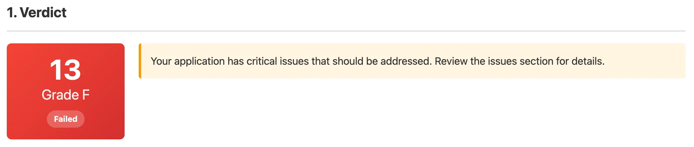 Rapport d'audit HexaGlue : verdict 13/100, grade F, status Failed sur un monolithe legacy