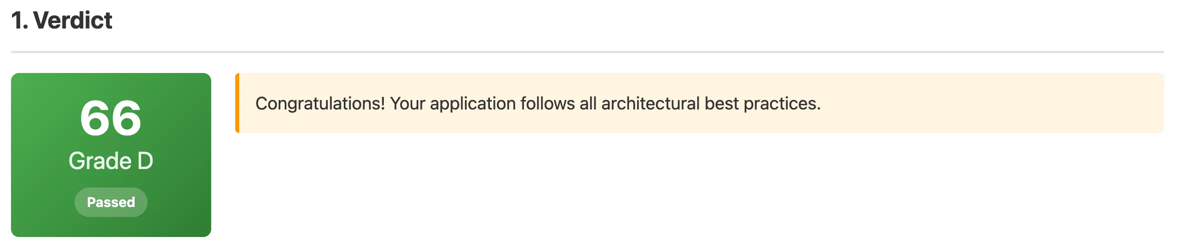 Rapport d'audit HexaGlue : verdict 66/100, grade D, status Passed après migration hexagonale