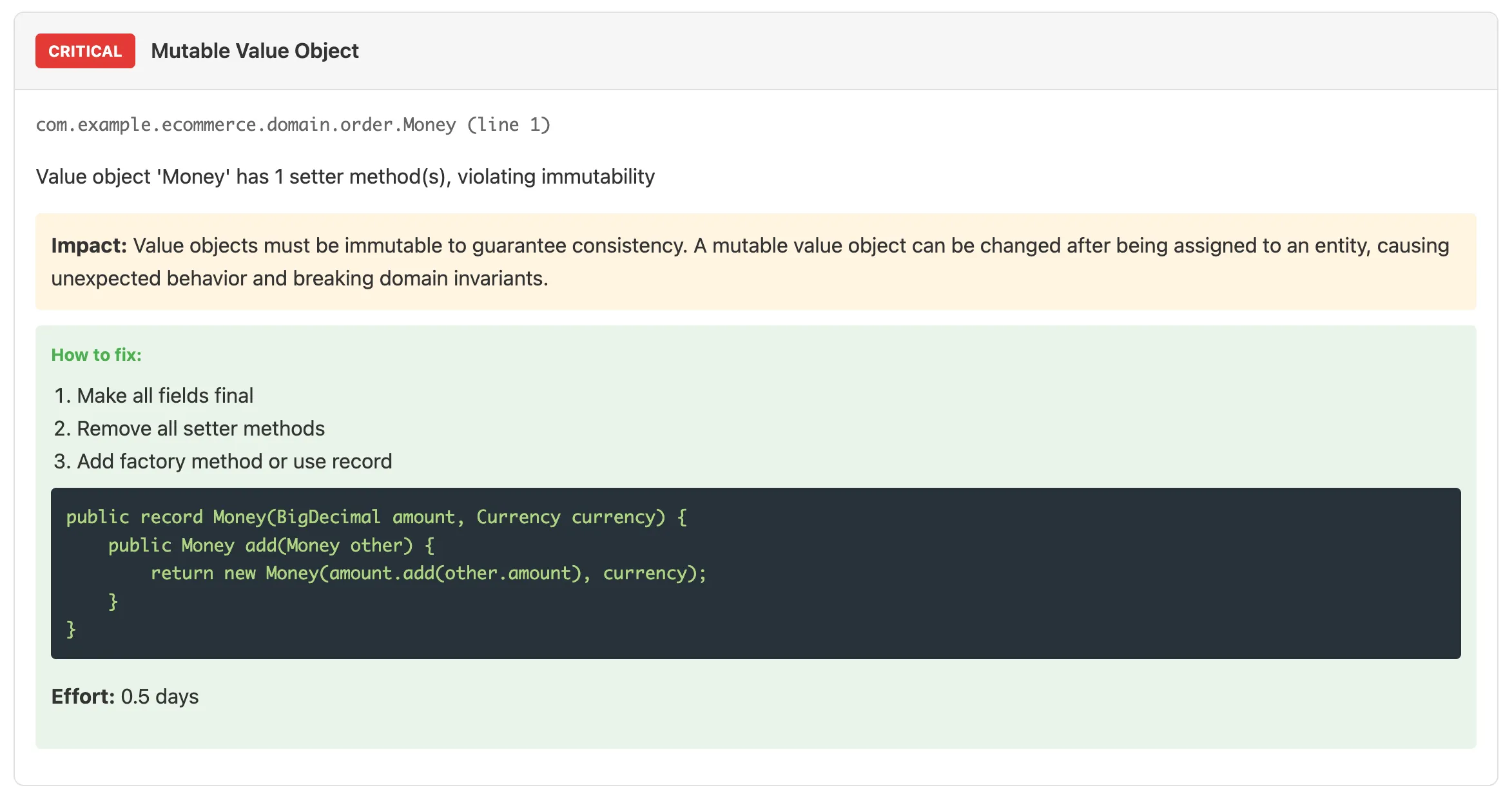Violation CRITICAL dans un rapport d'audit HexaGlue : Mutable Value Object avec correctif proposé en record Java