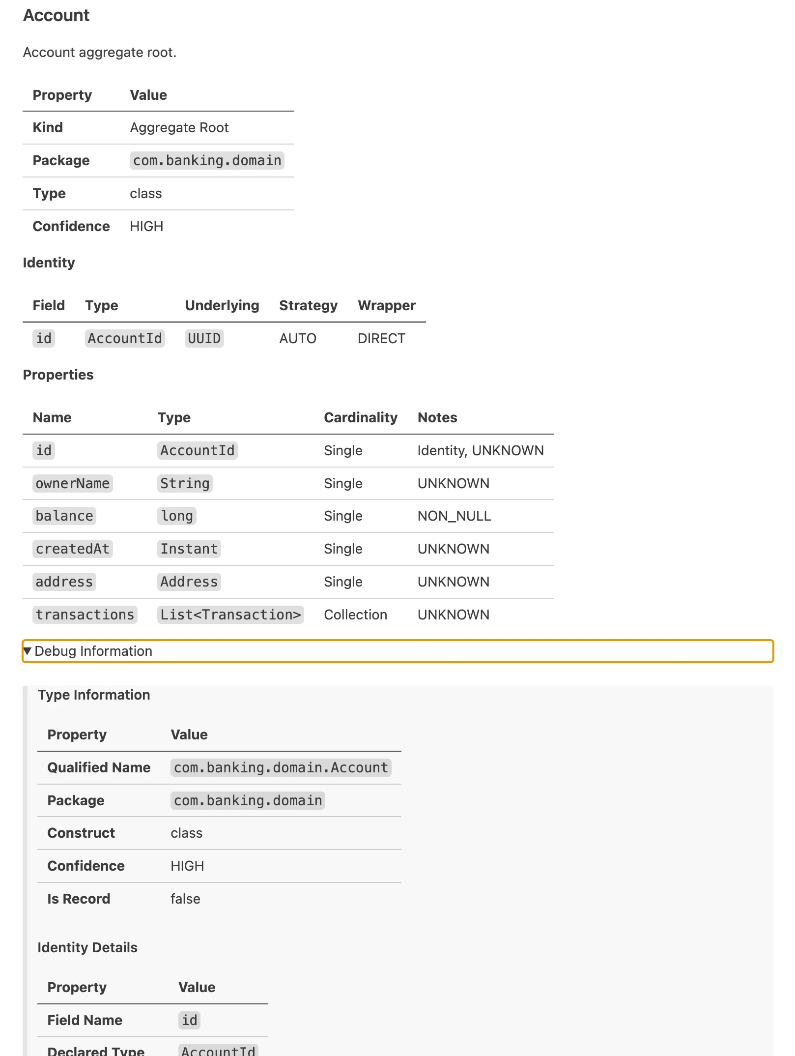 Living documentation HexaGlue : agrégat Account avec ses propriétés, identity details et niveau de confiance